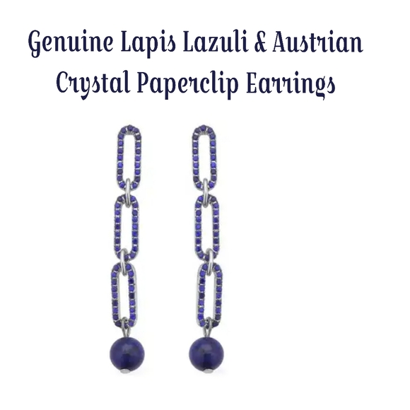 Lapis Lazuli and Austrian Crystal Paper Clip Earrings in Silvertone 6.00 ct - Picture 1 of 9